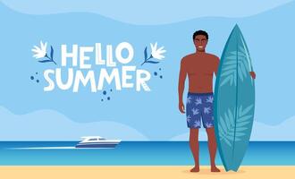Young black man surfer with surfboard standing on the beach. Seashore and Hello Summer lettering. Concept of adventure, journey, summer trip. Illustration. vector