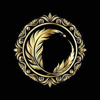 golden feather in a circle on black background vector