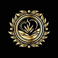 golden emblem with a sun and leaves on a black background vector