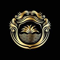 golden emblem with a wave and palm tree vector