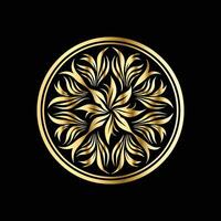 golden floral design in a circle on black background vector