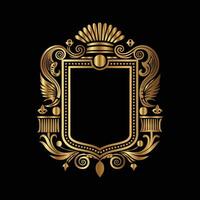 golden emblem with a crown and wings on a black background vector