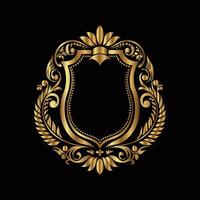 golden shield with ornate design on black background. set of decorative elements for design. vector