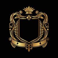 golden emblem with crown and ribbon on black background vector