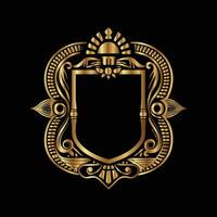 golden emblem with a shield and ornaments on a black background. vector