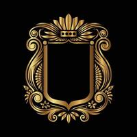 golden ornate frame with a crown and scroll on a black background. vector