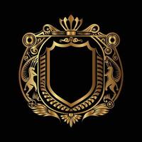 golden emblem with a crown and a lion on a black background vector