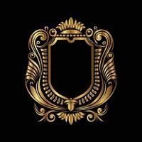golden ornate shield with a crown on a black background vector