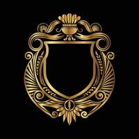 golden emblem with a crown and scroll on a black background. Elegant element for design in Eastern style, place for text vector