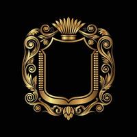 golden royal shield with crown and scroll on black background vector