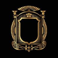 golden emblem with crown and scroll on black background vector