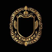 golden emblem with a shield and wings on a black background vector