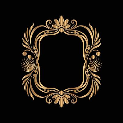 golden frame with floral pattern on black background. Eastern style, place for text