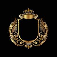 golden emblem with a shield and crown on a black background. Eastern style, place for text vector