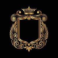 golden shield with crown and scroll on black background. Eastern style, place for text vector