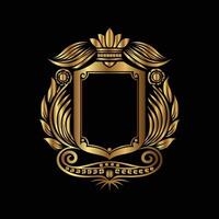 golden emblem with a crown and scroll on a black background. decorative frame vector