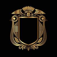 golden emblem with a crown and scroll on a black background. vector