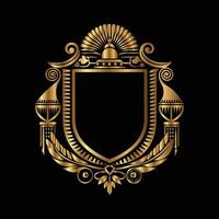 golden emblem of a shield with a crown and ornaments vector