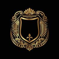 golden emblem with a shield and a crown on a black background. vector