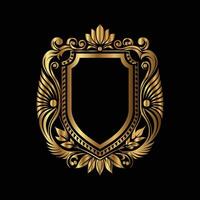 golden shield with ornate design on black background. decorative frame vector
