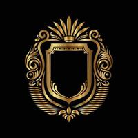 golden emblem with a shield and crown on a black background. decorative frame vector