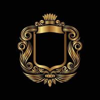 golden royal crest with crown and scroll on black background vector