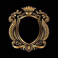 golden shield with crown and scroll on black background. vector