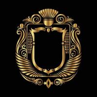 golden emblem with a shield and ornaments on a black background vector