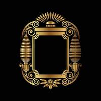 golden shield with crown and scroll on black background. decorative frame vector
