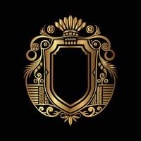 golden emblem with a crown and scroll on a black background vector