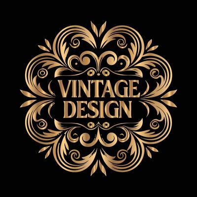 vintage design logo with gold swirls on black background
