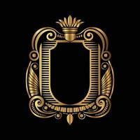 golden ornate frame with a crown on a black background vector