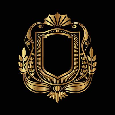 golden emblem with a crown and wheat on a black background