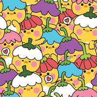 Repeat.Seamless pattern of cute chicken wear flower hat in various poses and feeling background.Spring.Nature.Duck.Bird.Farm animal character cartoon design.Kawaii.Illustration. vector