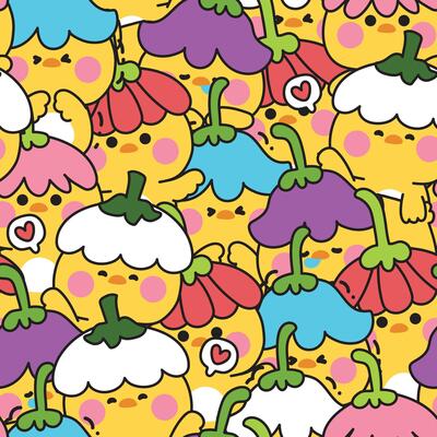 Repeat.Seamless pattern of cute chicken wear flower hat in various poses and feeling background.Spring.Nature.Duck.Bird.Farm animal character cartoon design.Kawaii.Illustration.