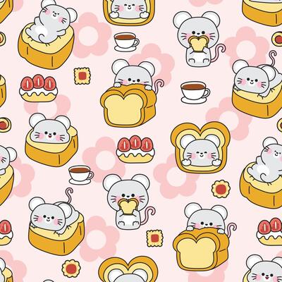 Seamless pattern of cute rat mouse in various poses and feeling flower pastel background.Bakery.Strawberry,coffee,bread.Rodent animal character cartoon design.Kawaii.Illustration