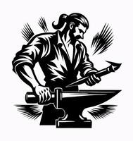 Blacksmith working at anvil, striking metal vector