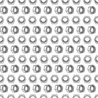 Seamless pattern with hand drawn hex nuts in black outline style. Ideal for DIY-themed textile prints, coloring pages, or mechanical design elements. vector