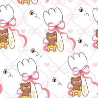 Seamless pattern of cute teddy bear and bee stand on chair to hold big fork with bow ribbon background.Eating.Wild animal character cartoon design.Kawaii.Illustration. vector