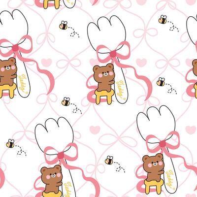 Seamless pattern of cute teddy bear and bee stand on chair to hold big fork with bow ribbon background.Eating.Wild animal character cartoon design.Kawaii.Illustration.