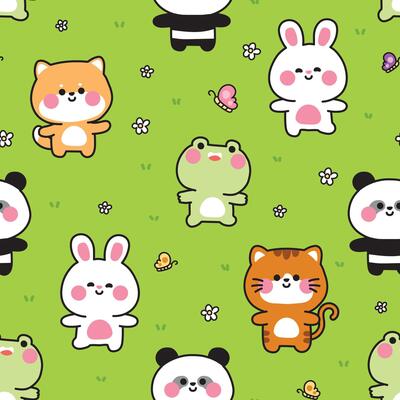 Seamless pattern of animals stay on the flower grass garden background.Shiba inu dog,rabbit,frog,panda bear,cat hand drawn.Kawaii.Illustration.