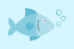 Simple illustration of a blue fish with a smile, blowing three bubbles in a light blue background vector
