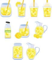 Set of cold lemonade in different glass container. Fresh lemonade drinks, homemade lemonade in bottle, jug and glass with lemon slices and ice cubes illustration. vector