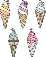 Set of groovy retro ice cream dessert with waffle cone on isolated background vector