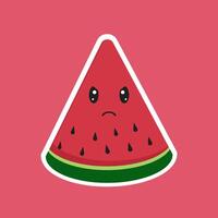 A watermelon slice with a sad face on a pink background vector