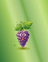 Happy purple grape cartoon character with wide eyes and joyful smile, radiating cheerfulness against a green background vector
