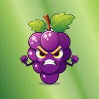 Furious cartoon grape character with glowing red eyes and clenched fists, expressing rage against a gradient background vector