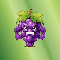 Angry purple grape cartoon character with fierce face and clenched fists, standing against a vibrant green background vector