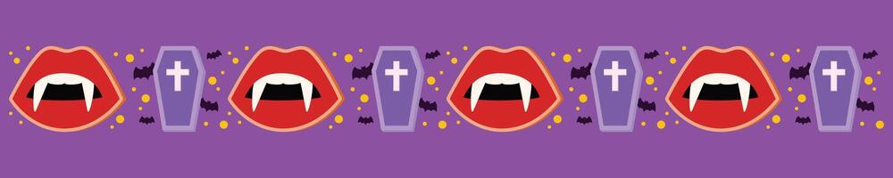 Halloween spooky seamless border with vampire fang, coffin and bat vector