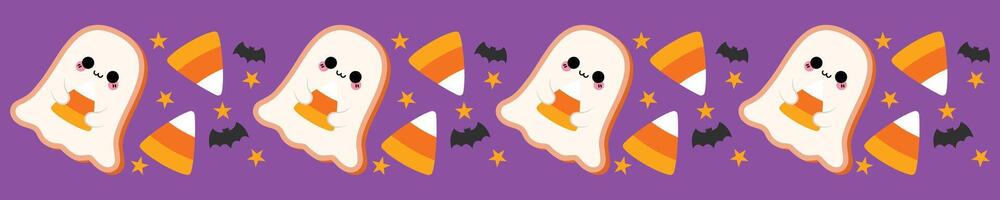 Halloween spooky seamless border with ghosts, candy corns and bats vector